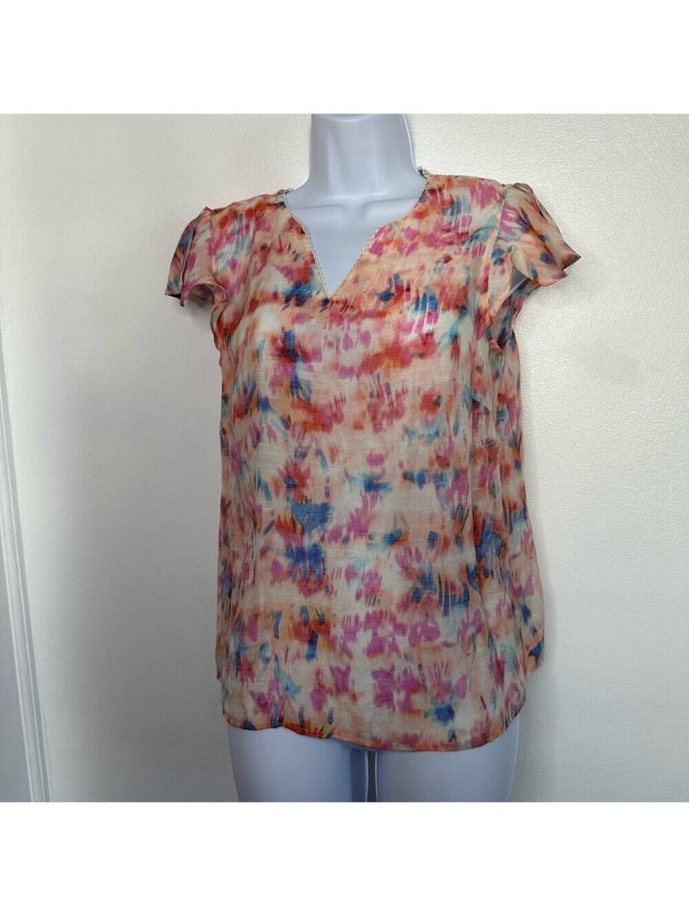 Nanette Lepore Women's XS Watercolor V-Neck Flutter Sleeve Blouse Top Pink - Picture 2 of 6
